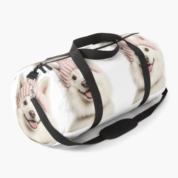 Item preview, Cozy American Eskimo dog Wearing Pink Winter Hat Trendy Animal Fashion Artwork designed and sold by LazyOwlStore.