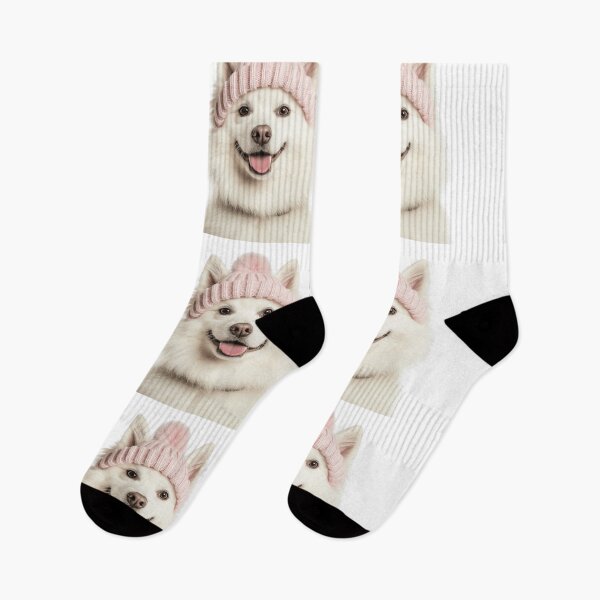 Item preview, Cozy American Eskimo dog Wearing Pink Winter Hat Trendy Animal Fashion Artwork designed and sold by LazyOwlStore.
