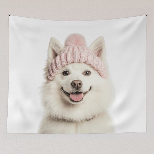 Item preview, Cozy American Eskimo dog Wearing Pink Winter Hat Trendy Animal Fashion Artwork designed and sold by LazyOwlStore.