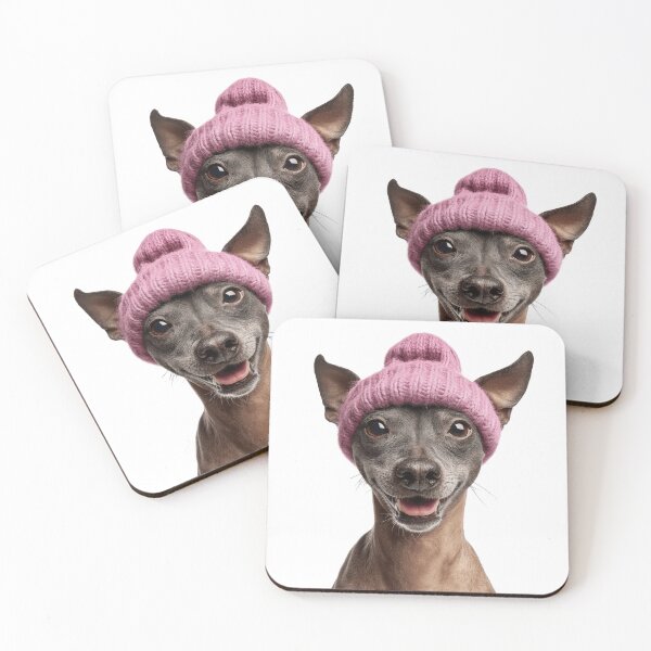 Item preview, Cozy American Hairless Terrier dog Wearing Pink Winter Hat Trendy Animal Fashion Artwork designed and sold by LazyOwlStore.