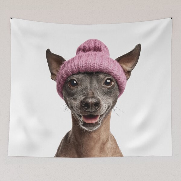 Item preview, Cozy American Hairless Terrier dog Wearing Pink Winter Hat Trendy Animal Fashion Artwork designed and sold by LazyOwlStore.