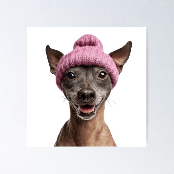 Item preview, Cozy American Hairless Terrier dog Wearing Pink Winter Hat Trendy Animal Fashion Artwork designed and sold by LazyOwlStore.