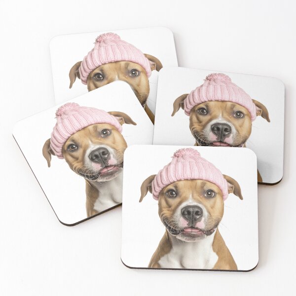 Item preview, Cozy American Staffordshire Terrier dog Wearing Pink Winter Hat Trendy Animal Fashion Artwork designed and sold by LazyOwlStore.