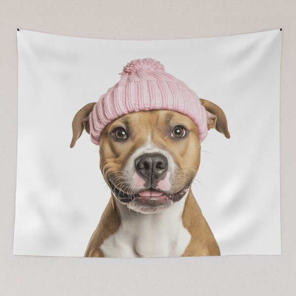 Item preview, Cozy American Staffordshire Terrier dog Wearing Pink Winter Hat Trendy Animal Fashion Artwork designed and sold by LazyOwlStore.