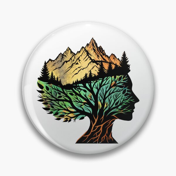 Artikelvorschau, Frauengesicht im Baum mit Berg auf dem Kopf – Surreale, von der Natur inspirierte feminine Kunst entworfen und verkauft von ArtsyExplorer.