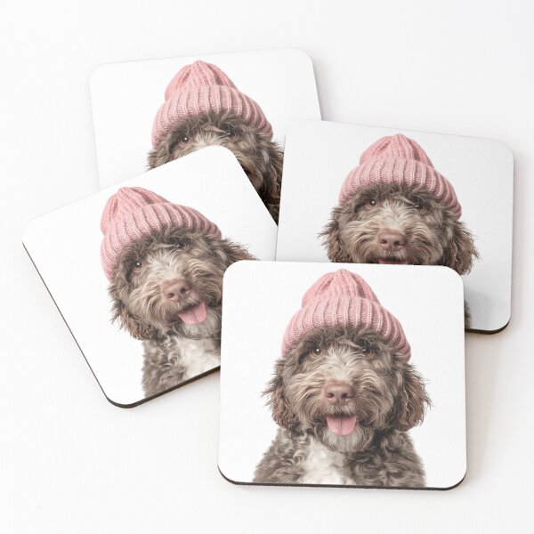 Item preview, Cozy Barbet dog Wearing Pink Winter Hat Trendy Animal Fashion Artwork designed and sold by LazyOwlStore.