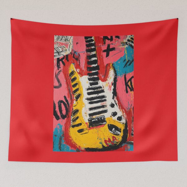 Item preview, Vibrant Electric Guitar with Bold Colors and Dynamic Brushstrokes Set Against Abstract Patterns designed and sold by OlfactoART Studio.