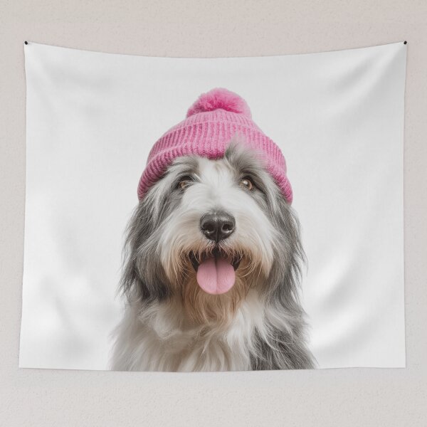 Item preview, Cozy Bearded Collie dog Wearing Pink Winter Hat Trendy Animal Fashion Artwork designed and sold by LazyOwlStore.