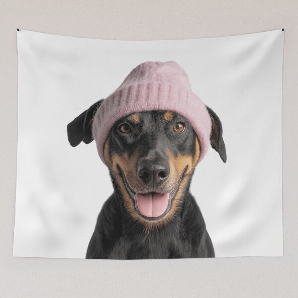 Item preview, Cozy Beauceron dog Wearing Pink Winter Hat Trendy Animal Fashion Artwork designed and sold by LazyOwlStore.