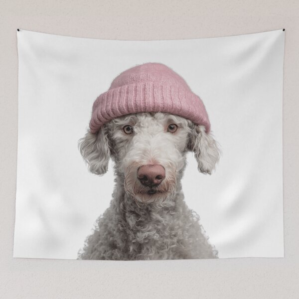 Item preview, Cozy Bedlington Terrier dog Wearing Pink Winter Hat Trendy Animal Fashion Artwork designed and sold by LazyOwlStore.