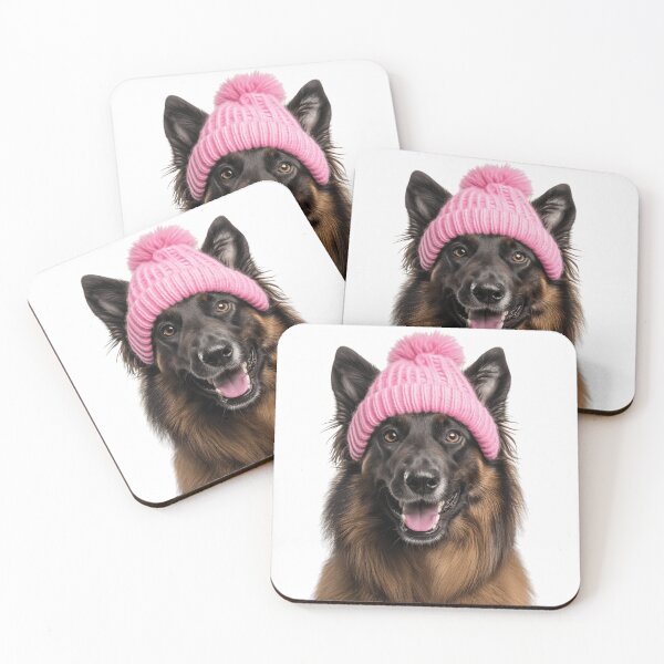 Item preview, Cozy Belgian Tervuren dog Wearing Pink Winter Hat Trendy Animal Fashion Artwork designed and sold by LazyOwlStore.