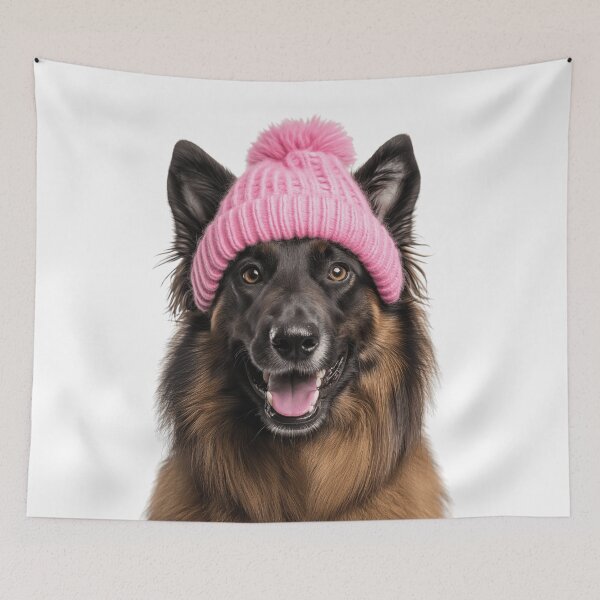 Item preview, Cozy Belgian Tervuren dog Wearing Pink Winter Hat Trendy Animal Fashion Artwork designed and sold by LazyOwlStore.