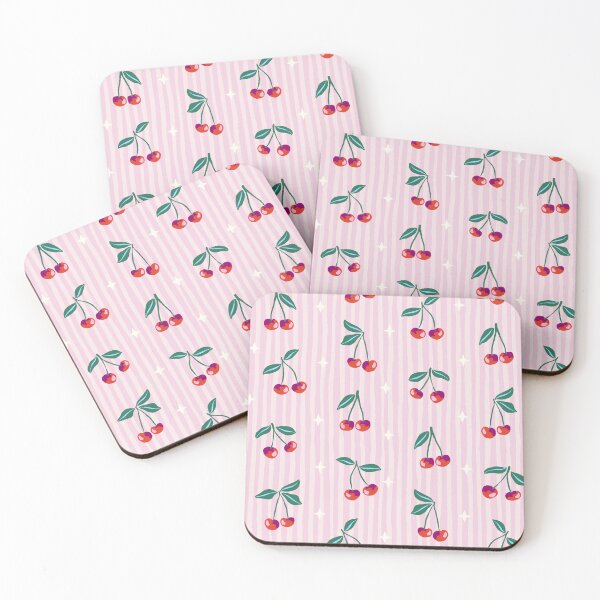 Item preview, Red retro cherries on pink stripes designed and sold by Helen Bowler Designs.