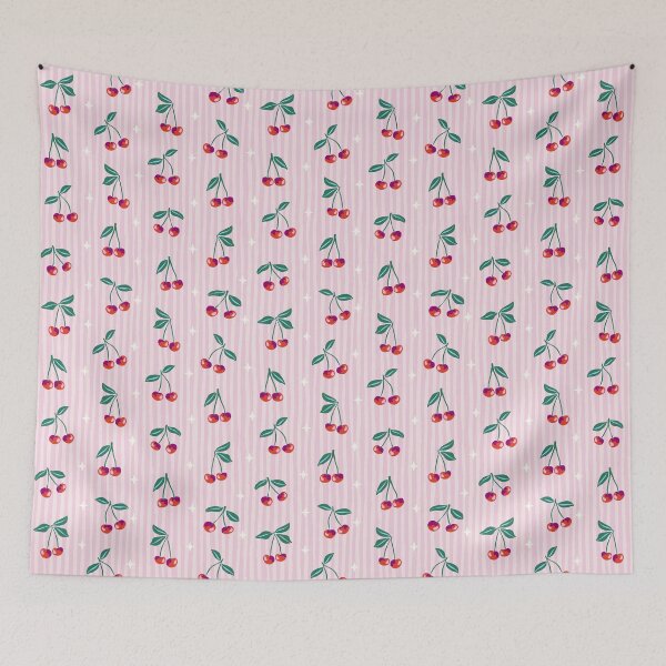 Item preview, Red retro cherries on pink stripes designed and sold by Helen Bowler Designs.