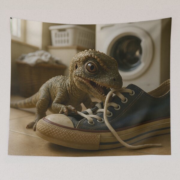 Item preview,  Baby Velociraptor Playing with Shoe in Laundry Room designed and sold by SassyArtistry.