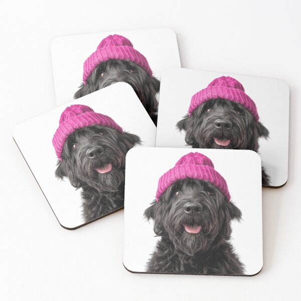 Item preview, Cozy Black Russian Terrier dog Wearing Pink Winter Hat Trendy Animal Fashion Artwork designed and sold by LazyOwlStore.