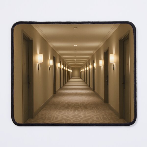 Item preview, Empty hotel hallway with warm lights designed and sold by SassyArtistry.