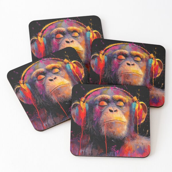 Item preview, DJ Monkey Thinker Colorful With Headphones Black Background designed and sold by GrinGalore.