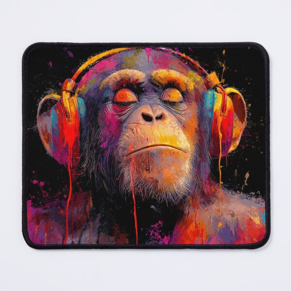 Item preview, DJ Monkey Thinker Colorful With Headphones Black Background designed and sold by GrinGalore.