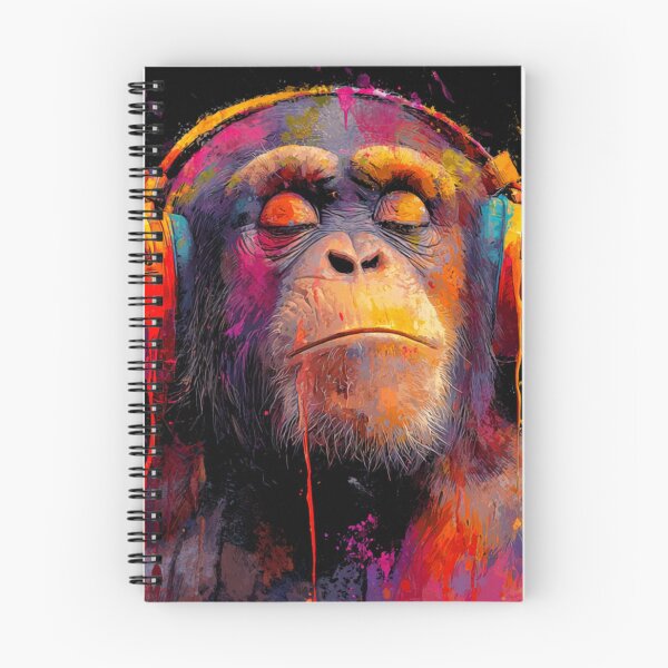 Item preview, DJ Monkey Thinker Colorful With Headphones Black Background designed and sold by GrinGalore.