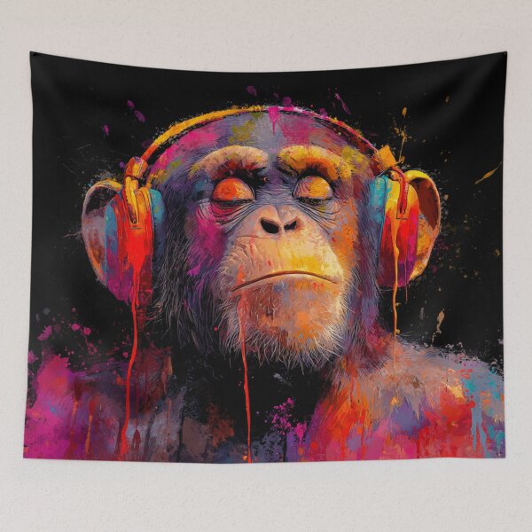 Item preview, DJ Monkey Thinker Colorful With Headphones Black Background designed and sold by GrinGalore.