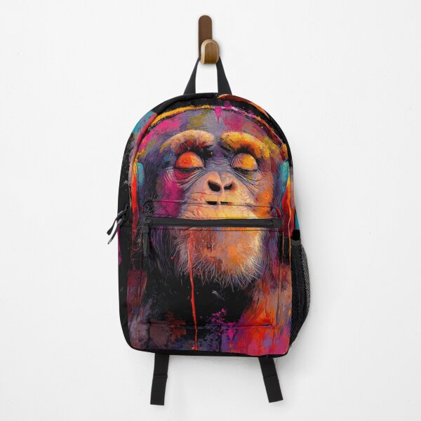 Item preview, DJ Monkey Thinker Colorful With Headphones Black Background designed and sold by GrinGalore.