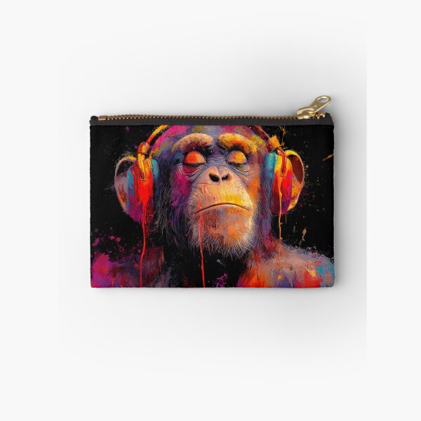 Item preview, DJ Monkey Thinker Colorful With Headphones Black Background designed and sold by GrinGalore.