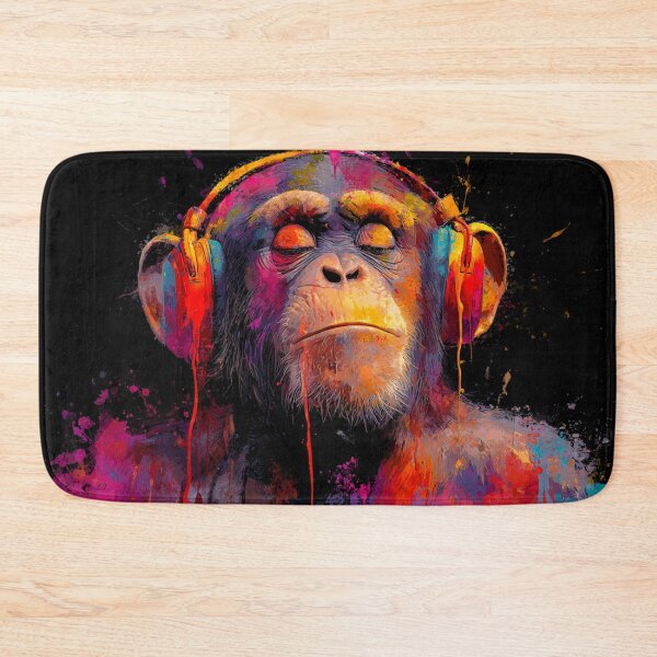 Item preview, DJ Monkey Thinker Colorful With Headphones Black Background designed and sold by GrinGalore.