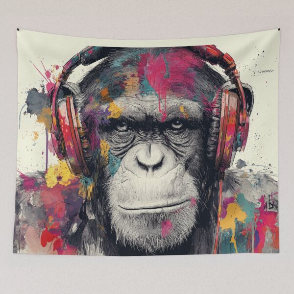 Item preview, DJ Monkey Thinker Strict Colorful With Red Headphones designed and sold by GrinGalore.