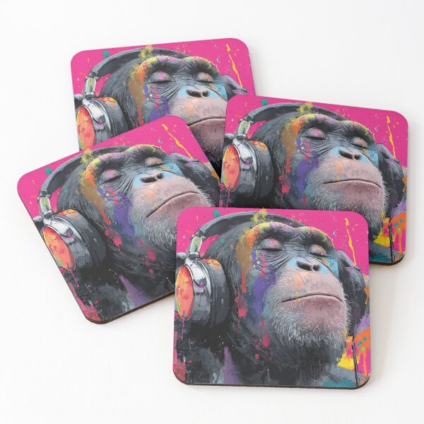 Item preview, DJ Monkey Thinker Colorful With Headphones Pink Background designed and sold by GrinGalore.