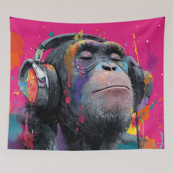 Item preview, DJ Monkey Thinker Colorful With Headphones Pink Background designed and sold by GrinGalore.