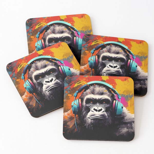 Item preview, DJ Monkey Thinker Colorful Gorilla With Blue Headphones designed and sold by GrinGalore.