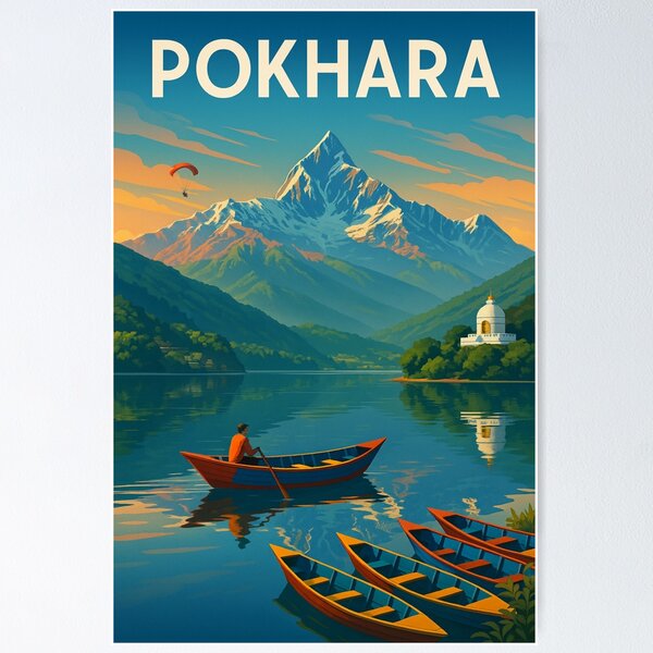 Aperçu de l'œuvre Coucher de soleil à Pokhara avec le lac Phewa et la pagode de la paix mondiale créée et vendue par Aryabek.