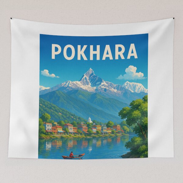 Item preview, Pokhara Lakeside View with Machapuchare and Colorful Houses designed and sold by Aryabek.