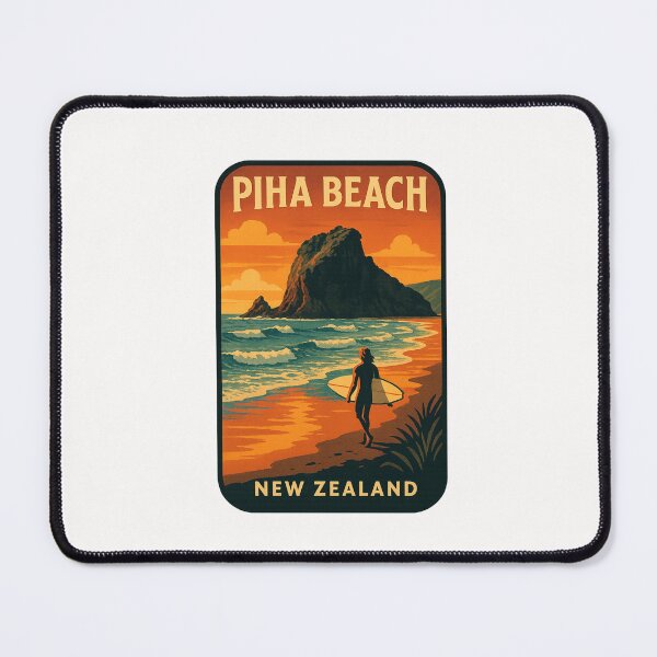 Artikelvorschau, Surfer bei Sonnenuntergang am Piha Beach, Region Auckland, Neuseeland entworfen und verkauft von Places On Earth.
