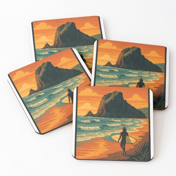 Artikelvorschau, Surfer bei Sonnenuntergang am Piha Beach, Region Auckland, Neuseeland entworfen und verkauft von Places On Earth.