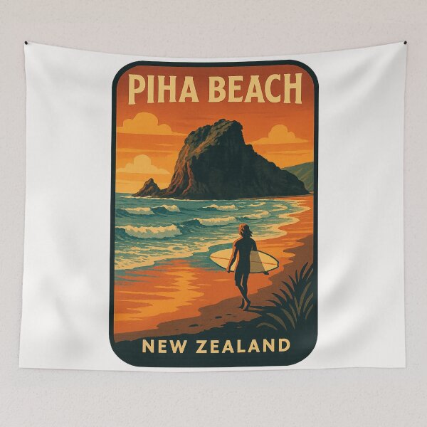 Artikelvorschau, Surfer bei Sonnenuntergang am Piha Beach, Region Auckland, Neuseeland entworfen und verkauft von Places On Earth.