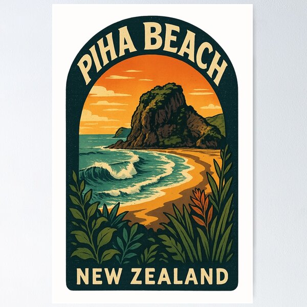 Artikelvorschau, Lion Rock und die wilde Küste von Piha Beach, Neuseeland entworfen und verkauft von Places On Earth.