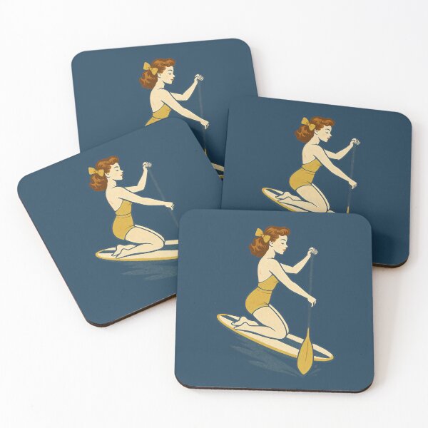 Item preview, Retro Paddleboard Pin-Up Vintage SUP Girl Kneeling Surf Art Print designed and sold by Shoot-The-Moon.
