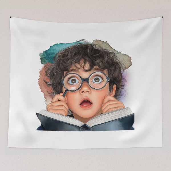 Item preview, Wide-Eyed Wonder – Curious Boy with Book and Big Glasses designed and sold by ChenEngEng.