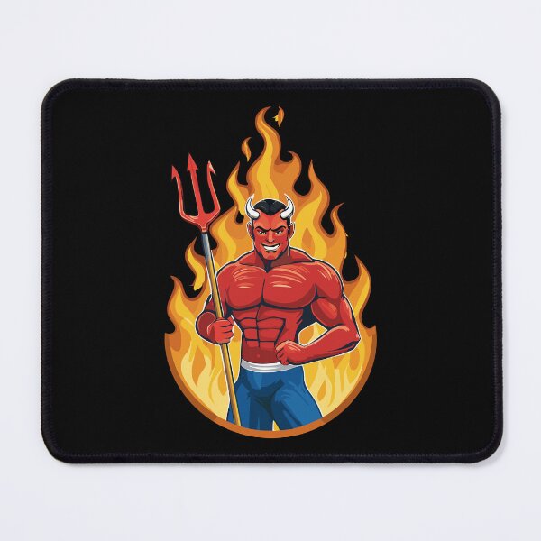 Item preview, Devil with trident in the fire, Evil laughing devil, Angry red demon illustration, muscular demon with glowing eyes, strong sports cartoon character designed and sold by Danler.