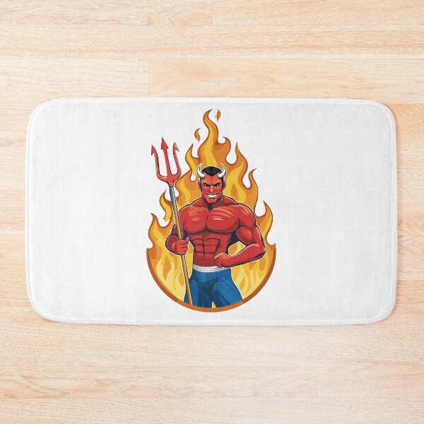 Item preview, Devil with trident in the fire, Evil laughing devil, Angry red demon illustration, muscular demon with glowing eyes, strong sports cartoon character designed and sold by Danler.