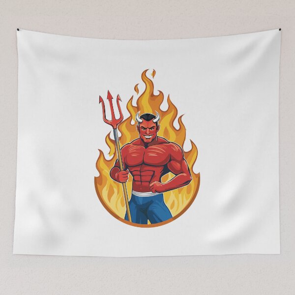 Item preview, Devil with trident in the fire, Evil laughing devil, Angry red demon illustration, muscular demon with glowing eyes, strong sports cartoon character designed and sold by Danler.