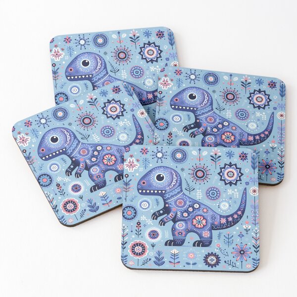 Item preview, Purple T-Rex Dinosaur Blue Flower Fun - Scandinavian Folk Art by heidiannemorris © designed and sold by FOLK ART FUSION by heidiannemorris.