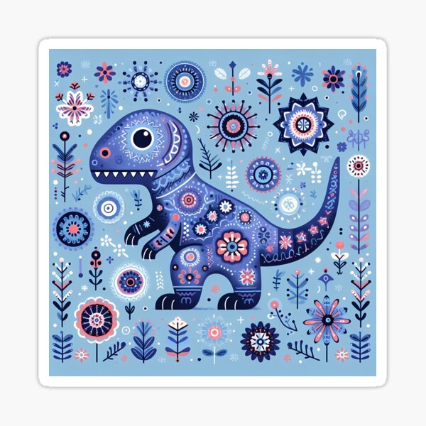 Item preview, Dinosaure T-Rex violet, fleur bleue amusante - Art populaire scandinave par heidiannemorris © designed and sold by FOLK ART FUSION by heidiannemorris.