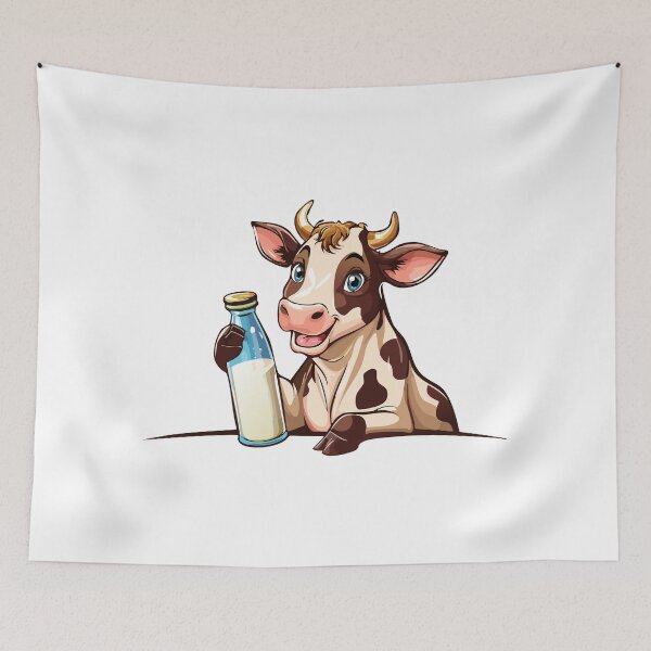 Item preview, Cartoon happy cow holding a bottle of milk, Cheerful cow with a bottle of milk, Farm, cow with horns watching you curiously, Farming cattle animal, sketch for milk diary and beef products designed and sold by Danler.