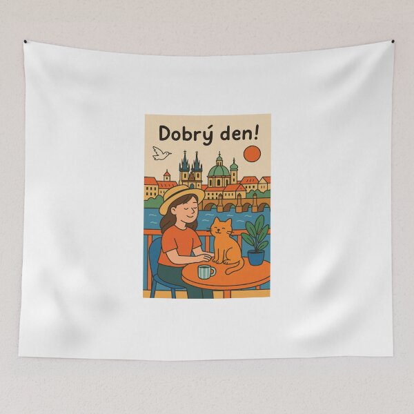 Item preview, Dobrý Den in Prague – Cute Cartoon Woman and Cat Illustration designed and sold by holaitssher.