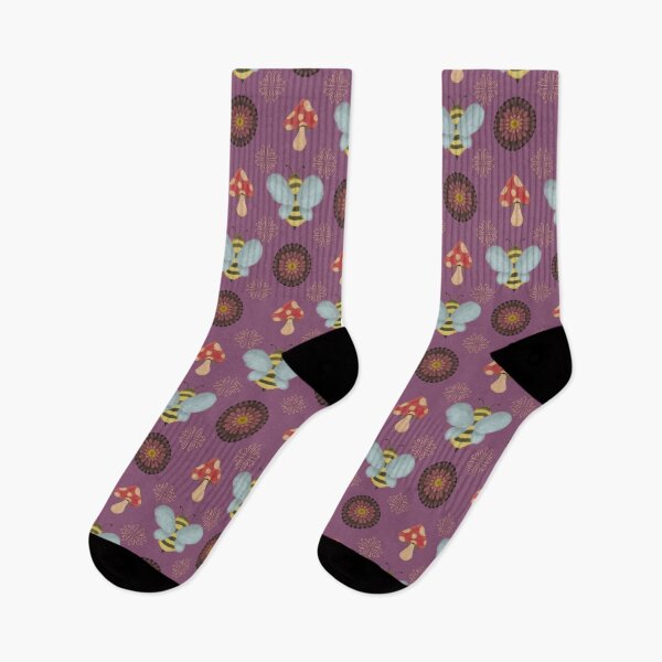 Item preview, Whimsical Bees, Mushrooms & Flowers Seamless Pattern – Cottagecore Forest Design on Purple designed and sold by MulberryRiver.
