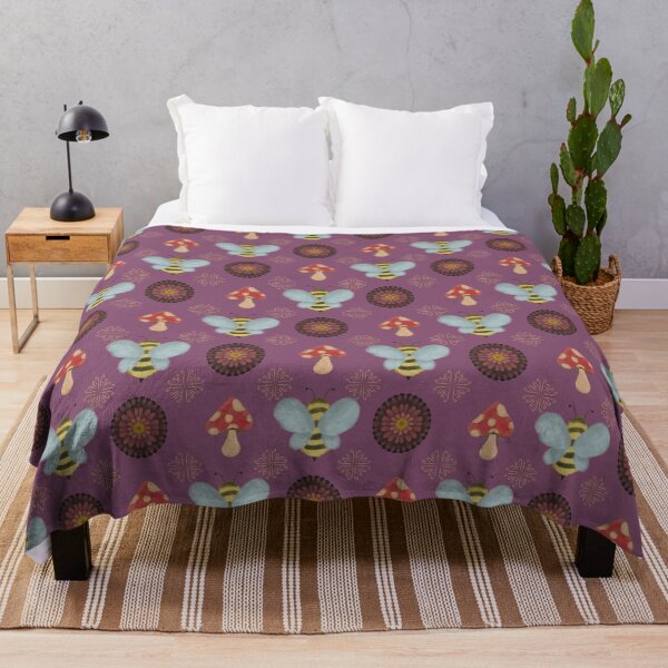 Item preview, Whimsical Bees, Mushrooms & Flowers Seamless Pattern – Cottagecore Forest Design on Purple designed and sold by MulberryRiver.