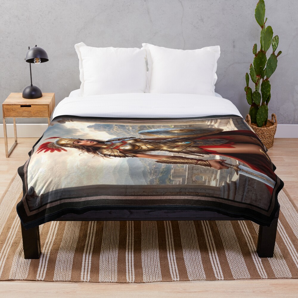 Golden Vision Of The Akladia She Warrior Guardian Mesmerizing AI Concept Art by Xzendor7 Decorative Art Print Throw Blanket